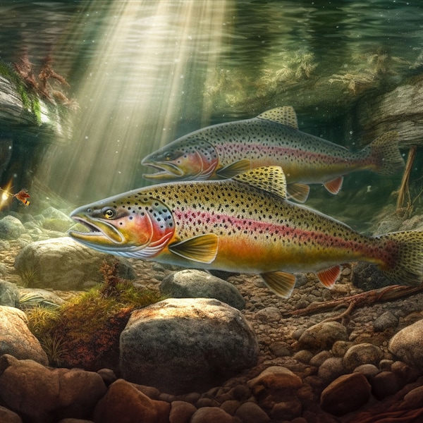 Rainbow Trout Fish Watercolor Painting Digital Print, Nature Art, Flyfishing Painting Print