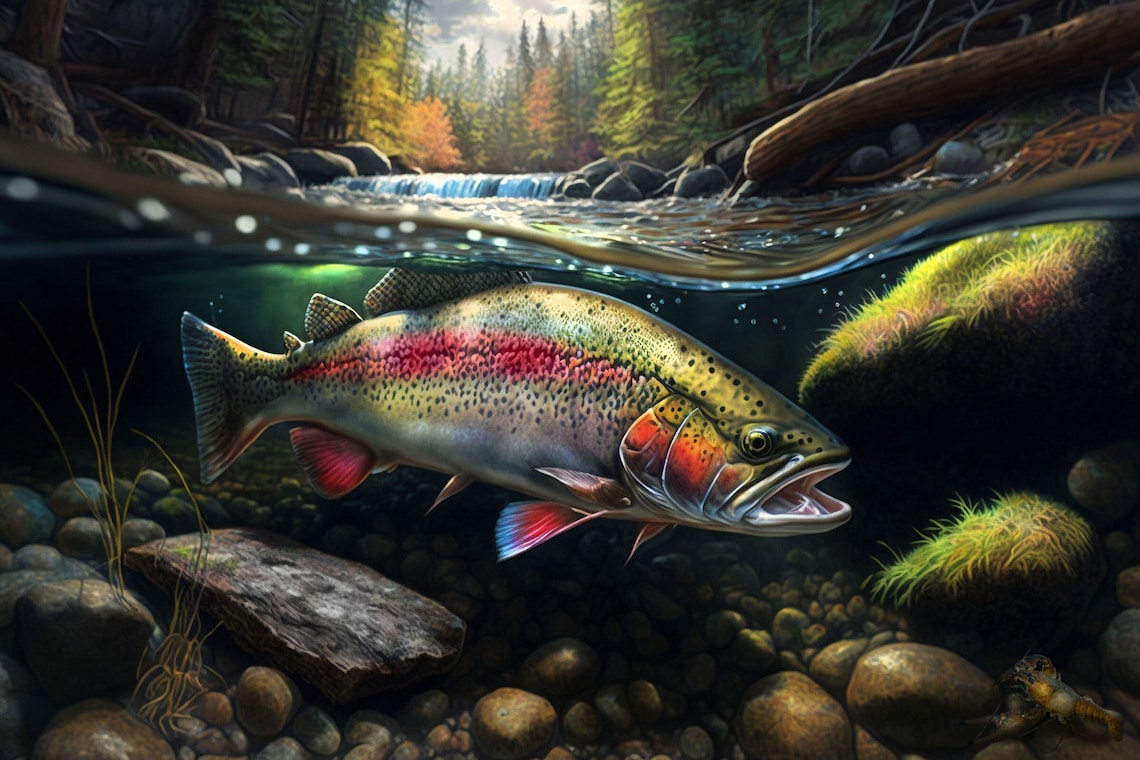 Rainbow Trout Fish Watercolor Painting Digital Print, Nature Art