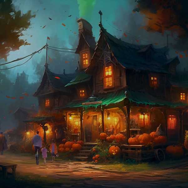 Cauldron Creek Halloween Town Digital Painting Print, Fantasy, Magical House Landscape, Enchanted Monster, Wicked Wares