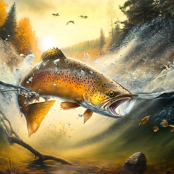 Impression numérique de peinture d'aquarelle de poisson de truite brune, art de nature, impression de peinture de pêche à la mouche, art de mur