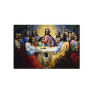 Puede incluir: Una pintura que representa la Última Cena, una escena religiosa cristiana. Jesucristo se sienta en el centro de una mesa con 12 discípulos. La pintura está realizada en un estilo tradicional con colores vibrantes y figuras detalladas.