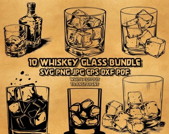 10 Whiskyglas SVG Bundle Rocks Tumbler Lowball Glassware Clipart Gammaldags Snygg Häll Linjekonst Mancave Digital Vektorgrafik
