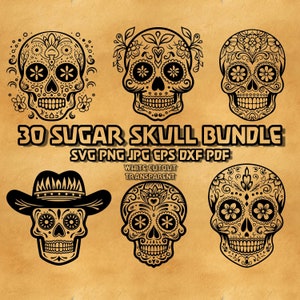 Paquete SVG de calavera de azúcar, Día de Muertos, esqueleto svg, silueta de calavera de azúcar, imágenes prediseñadas de calavera, calavera de flores svg, calavera Mayo svg eps dxf png