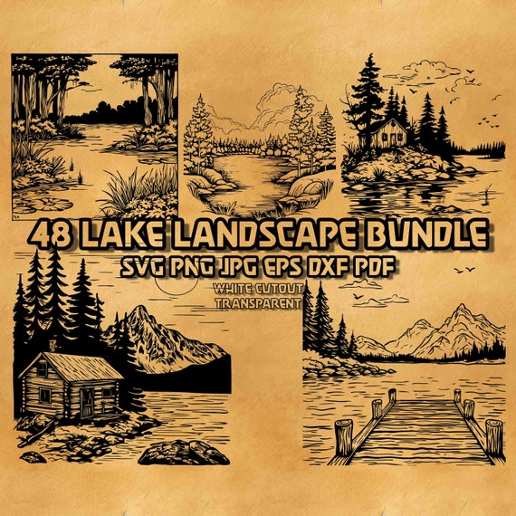 Lake Landscape SVG Bundle: Forest Scene, Log Cabin (Digital Download)