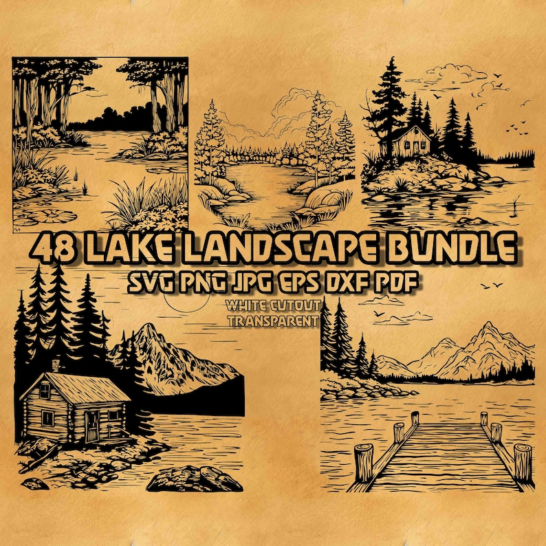 48 Lake Landscape SVG Bundle Cabin Forest Mountain Illustrations Lakeside Line Art Vector Graphics