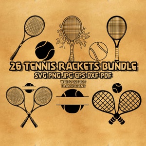 Könnte beinhalten: Eine Sammlung von schwarz-weißen Tennis-Schläger- und Ball-Designs. Das Bild zeigt verschiedene Schlägerstile, einige mit floralen Akzenten, und Tennisbälle. Der Text lautet "26 TENNIS RACKETS BUNDLE" und enthält Dateitypinformationen.