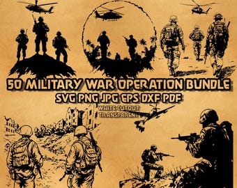 Puede incluir: Ilustraciones en blanco y negro de personal militar y helicópteros. La imagen incluye el texto "50 MILITARY WAR OPERATION BUNDLE SVG PNG JPG EPS DXF PDF WHITE CUTOUT TRANSPARENT".