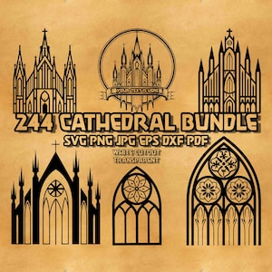 May include: A digital download bundle of 244 black and white cathedral illustrations. The bundle includes SVG, PNG, JPG, EPS, DXF, and PDF files. The illustrations are perfect for crafting, scrapbooking, and other creative projects.