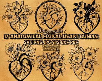May include: A bundle of 17 black and white digital illustrations of anatomical floral hearts. The hearts are surrounded by flowers and leaves. The text "17 Anatomical Floral Heart Bundle" is at the top of the image. The text "SVG PNG JPG EPS DXF PDF" is below the title. The text "White Cutout Transparent" is below the file types.