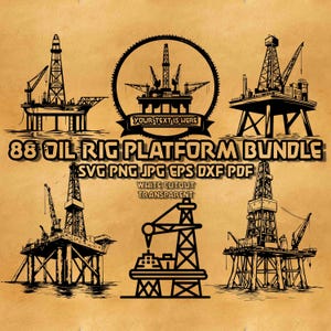 May include: A set of five black and white illustrations of oil rigs. The illustrations are in a vintage style and are perfect for use in a variety of projects. The text "88 Oil Rig Platform Bundle" is at the top of the image. The text "SVG PNG JPG EPS DXF PDF" is below the title. The text "White Cutout Transparent" is below the file types.