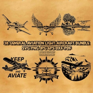May include: A set of black and white aviation-themed graphics featuring various aircraft illustrations, a lake scene, and text. The text includes "38 General Aviation Light Aircraft Bundle" and "Keep and Aviate". These graphics are designed for digital use.