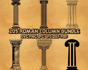 Puede incluir: Una colección digital de seis ilustraciones de columnas romanas en blanco y negro. El texto dice 205 ROMAN COLUMN BUNDLE SVG PNG JPG EPS DXF PDF y WHITE CUTOUT TRANSPARENT. Estos diseños gráficos presentan varios estilos de pilares.