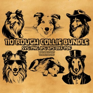 Könnte beinhalten: Ein digitales Download-Paket mit 10 Schwarzweiß-Illustrationen von Rough Collie Hunden. Die Illustrationen zeigen einen Collie mit Cowboyhut, Zylinder, Sonnenbrille und einen schlafenden Collie. Der Text "110 Rough Collie Bundle" und "SVG PNG JPG EPS DXF PDF" ist im Bild enthalten.