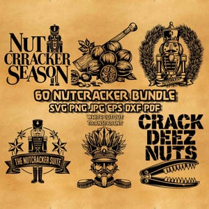 Op de afbeelding: Een verzameling zwart-witte ontwerpen met een notenkraker-thema. De afbeelding bevat tekst met de tekst "Nutcracker Season", "60 Nutcracker Bundle" en "Crack Deez Nuts". Andere ontwerpen omvatten notenkrakers, noten en een "Nutcracker Suite"-banner.