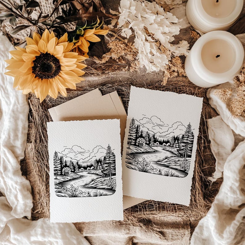May include: Two white art prints with a black and white landscape design featuring a river, trees, and mountains. The prints are displayed with a sunflower, candles, and dried flowers, creating a rustic aesthetic.
