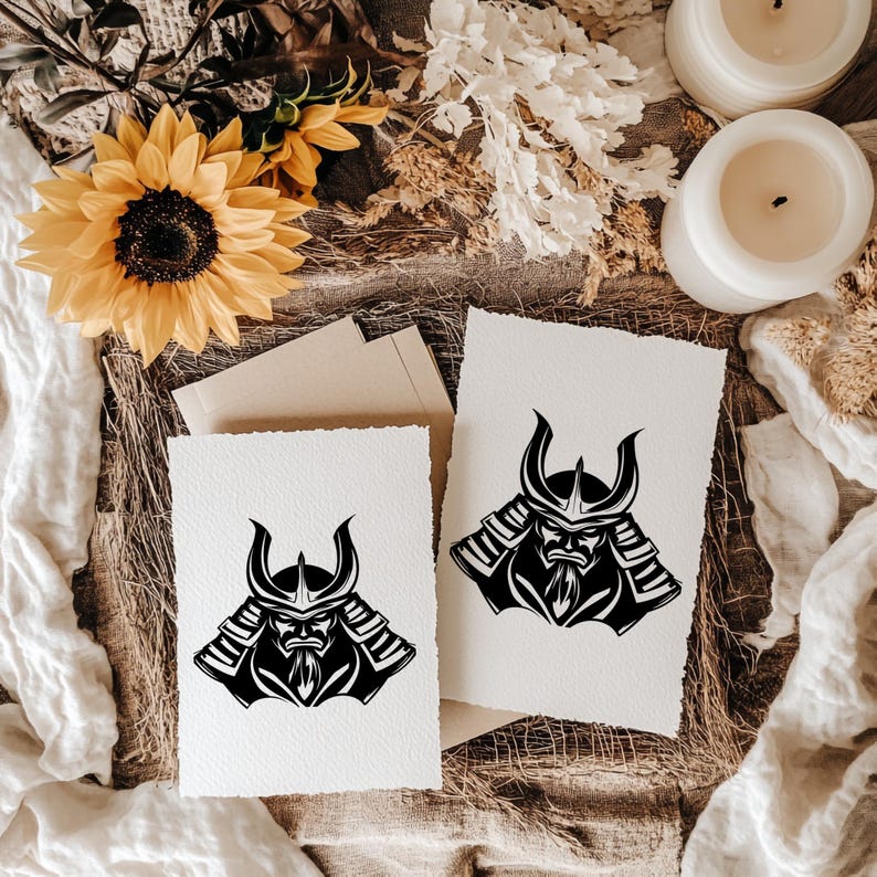 K&ouml;nnte beinhalten: Zwei wei&szlig;e Karten mit einem schwarzen Samurai-Helm-Design. Die Karten liegen auf einer strukturierten Oberfl&auml;che mit Sonnenblumen, Trockenblumen und Kerzen. Das Samurai-Helm-Design zeigt ein detailliertes Gesicht und einen Helm.