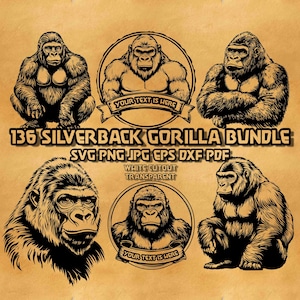 Könnte beinhalten: Ein Bundle mit 136 Schwarzweiß-Vektorillustrationen von Silberrücken-Gorillas in verschiedenen Posen. Die Illustrationen eignen sich für den Einsatz in digitalen und Druckprojekten. Der Text "YOUR TEXT IS HERE" erscheint auf zwei der Illustrationen.