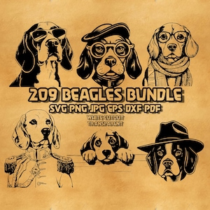 Puede incluir: Un conjunto de 209 ilustraciones de perros Beagle en blanco y negro en varias poses. Las ilustraciones están en formatos SVG, PNG, JPG, EPS, DXF y PDF. El texto "White Cutout Transparent" también está incluido en la imagen.