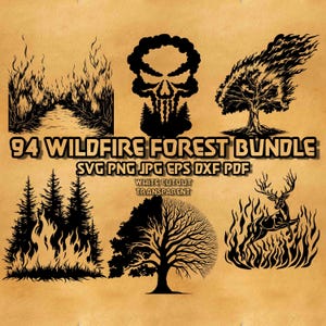 以下が含まれることがあります： 黒と白の山火事テーマのグラフィックのコレクション。燃える木、森の要素を持つ頭蓋骨、炎の中の鹿のイラストが含まれています。「94 WILDFIRE FOREST BUNDLE」のテキストとファイルタイプが表示されています。