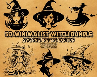 50 Halloween Witch SVG Bundle Spooky Witchy Illustrations Pointed Hat Flying Broom Line Art Magic Sorceress Vector Graphics Digital Design