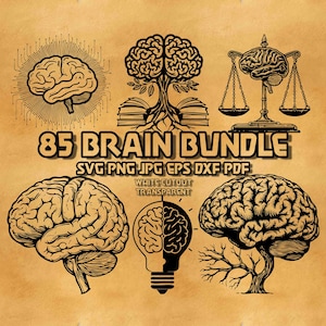 May include: A selection of eight black and white brain illustrations, including a brain with a tree growing from it, a brain on scales, and a brain inside a lightbulb. The text "85 BRAIN BUNDLE" is displayed prominently.