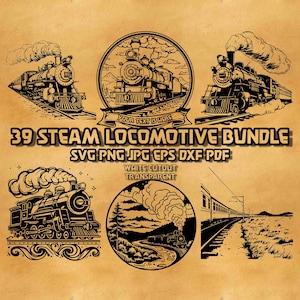 May include: A collection of black and white steam locomotive illustrations. The image includes various designs of trains, some with smoke billowing from the chimneys, and the text "39 STEAM LOCOMOTIVE BUNDLE" and "WHITE CUTOUT TRANSPARENT".