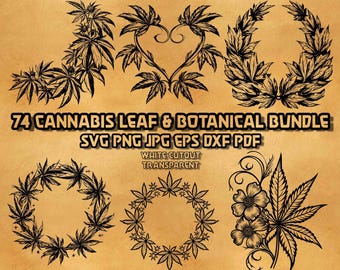 Cannabis Leaf SVG Bundle 74 Designs Weed Marijuana Hemp Botanical Foliage Line Art Clipart Stencil Vector Files for Printing and Etching