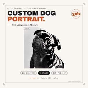 写真から作成する、あなたの愛犬のパーソナライズされたベクターイラスト。レーザー彫刻用デカールとして4種類のスタイルバリエーションをご用意し、24時間以内にお届けします。