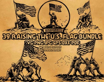 Iwo Jima Flag Raising SVG Bundle US Soldiers WWII Patriotic Military Illustrations American Flag Line Art Vector Graphics Digital Design