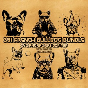 Puede incluir: Un paquete de descarga digital de 361 ilustraciones de Bulldog Francés en blanco y negro. Las ilustraciones presentan diferentes poses y estilos, incluyendo un bulldog con gafas de sol, un bulldog conduciendo una motocicleta, un bulldog con un gorro de fiesta, un bulldog con una bufanda y un bulldog con uniforme militar. El texto "361 French Bulldog Bundle" y "SVG PNG JPG EPS DXF PDF" está incluido en la imagen.