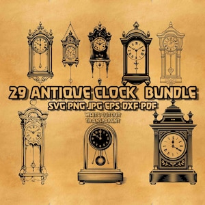 May include: A digital download bundle of 29 antique clock designs in black and white. The designs are in SVG, PNG, JPG, EPS, DXF, and PDF formats. The text "White Cutout Transparent" is also included in the image.