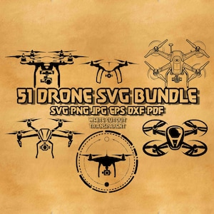 Könnte beinhalten: Eine Sammlung schwarzer Drohnenillustrationen in verschiedenen Designs. Der Text "51 DRONE SVG BUNDLE" ist prominent dargestellt, zusammen mit Dateiformatoptionen. Die Worte "WHITE CUTOUT TRANSPARENT" sind ebenfalls enthalten.