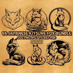 May include: A collection of six black and white fox illustrations in various poses and styles. The text "66 JAPANESE KITSUNE FOX BUNDLE" is displayed, along with file type information. The words "WHITE CUTOUT" and "TRANSPARENT" are also present.