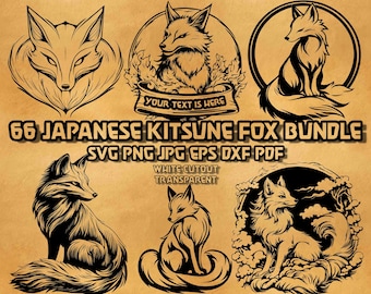 Japansk Kitsune Fox SVG-paket, mytisk andaräv, illustrationer, folklore, nio-svansar, linjekonst, asiatisk tatuering, vektorgrafik, digital design