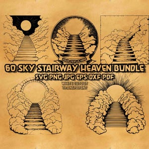 May include: A set of 60 black and white vector illustrations of a stairway to heaven. The illustrations feature a stairway leading up to a bright light in the clouds. The text "YOUR TEXT IS HERE" is included in the image. The illustrations are available in SVG, PNG, JPG, EPS, DXF, and PDF formats.