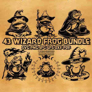 May include: A collection of black and white wizard frog illustrations. The frogs are depicted in various poses, wearing wizard hats and robes, and holding items like wands and spell books. Text reads "43 WIZARD FROG BUNDLE" and file type information.