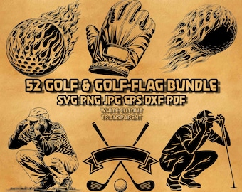 Zestaw flag golfowych SVG 52 wzory USA Zniszczony golfista putter piłka tee skrzyżowane kije grafika liniowa clipart szablon wektorowy zestaw plików do grawerowania laserowego
