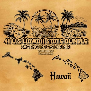 Könnte beinhalten: Ein digitales Design-Bundle mit Elementen des Bundesstaates Hawaii. Das Design umfasst Palmen, Berge, Blumen und den Text "41 U.S Hawaii State Bundle". Das Design ist in den Formaten SVG, PNG, JPG, EPS, DXF und PDF verfügbar.