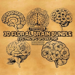 Peut inclure: Un ensemble de 30 illustrations de cerveau floral en noir et blanc. Les images sont regroupées et comprennent les formats de fichiers SVG, PNG, JPG, EPS, DXF et PDF. Le texte "YOUR TEXT IS HERE" est sur une bannière.