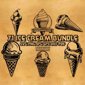 May include: A collection of black and white ice cream cone illustrations. The image includes various ice cream cone designs, with text that reads "71 ICE CREAM BUNDLE" and "YOUR TEXT IS HERE". The image is on a textured, tan background.