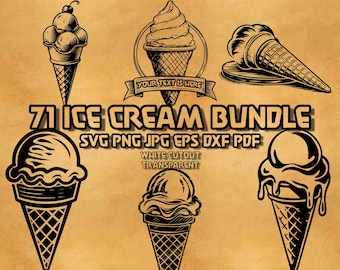 Pakiet 71 lodów SVG: Ilustracje letnich deserów SVG, grafika liniowa lodów waflowych, grafiki wektorowe lodów słodkich