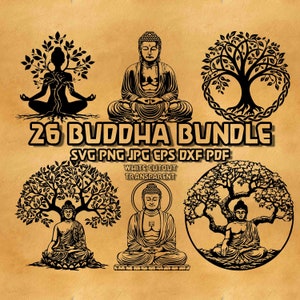 May include: A set of 26 black and white digital illustrations of Buddha figures in various poses, including meditating, sitting, and standing. The illustrations feature intricate details and are perfect for creating unique crafts and projects.