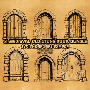 May include: A set of six black and white line drawings of medieval stone doors with arched tops. The doors are closed and have various details, such as hinges, handles, and decorative elements. The text "61 MEDIEVAL OLD STONE DOOR BUNDLE SVG PNG JPG EPS DXF PDF WHITE CUTOUT TRANSPARENT" is at the bottom of the image.