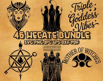 Paquete SVG de Hécate, ilustraciones de la triple diosa de la brujería, símbolos de la luna, llave y antorcha, arte lineal, mitología griega, imágenes prediseñadas ocultas, fantasía oscura, vector