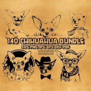 May include: A selection of six black and white Chihuahua illustrations in different poses and styles. The image features the text "140 Chihuahua Bundle" and file type details. The background has a textured, tan appearance.