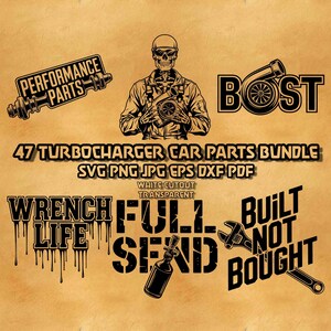 Peut inclure: Un ensemble de graphiques numériques comprenant 47 designs de pièces automobiles turbo en encre noire. Inclut des illustrations d'un mécanicien squelette, de turbos, de clés et des textes comme PERFORMANCE PARTS, BOOST, WRENCH LIFE, FULL SEND et BUILT NOT BOUGHT.