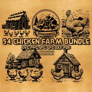Puede incluir: Un paquete de descarga digital de 54 ilustraciones en blanco y negro de pollos, gallineros y casas de campo. Las ilustraciones son de estilo vintage y son perfectas para proyectos de manualidades, scrapbooking y mucho más. El texto "54 CHICKEN FARM BUNDLE" está en la parte superior de la imagen, y el texto "SVG PNG JPG EPS DXF PDF" está debajo. El texto "WHITE CUTOUT TRANSPARENT" está debajo.