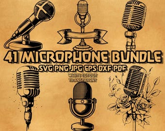 Mikrofon SVG-paket: Vintage mikrofon, musik och podcast-clipart (digital produkt)