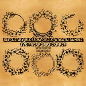 Cherry Blossom Wreath SVG Bundle, Floral Circle Frame Png, Minimalist Spring Blossom Svg Wedding Decor Cherry Blossom, Japanese Sakura Png