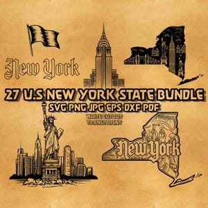 May include: A collection of black and white New York-themed graphics on a tan background. The image includes illustrations of the Statue of Liberty, the Empire State Building, and the New York City skyline, along with the text "New York" and "27 U.S. New York State Bundle."